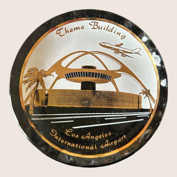 ✈️ VINTAGE LAX INTL AIRPORT THEME BUILDING SOUVENIR TRINKET DISH 3.5" DIA - Picture 1 of 2